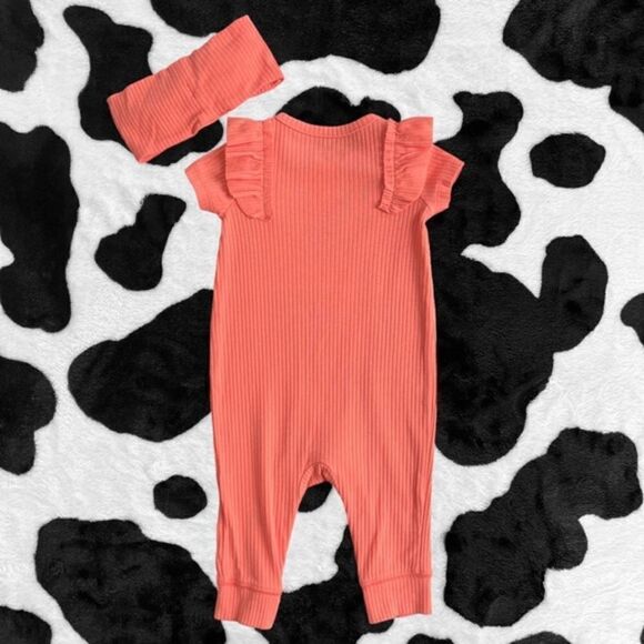 Baby Cat and Jack Girl's Orange Ribbed Romper with Matching Bow 0-3 months - Picture 3 of 8